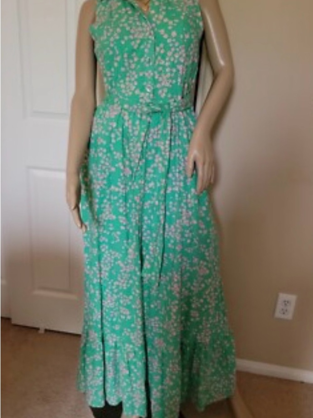 Draper James Sleeveless Green Floral Maxi Dress with Tie Waist